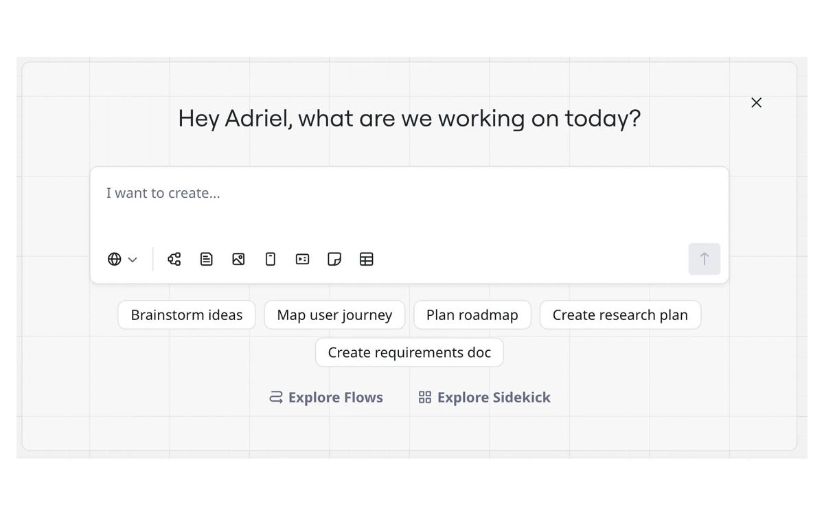 Miro new-board Sidekick prompt asking what are we working on today, with format icons and suggestion chips