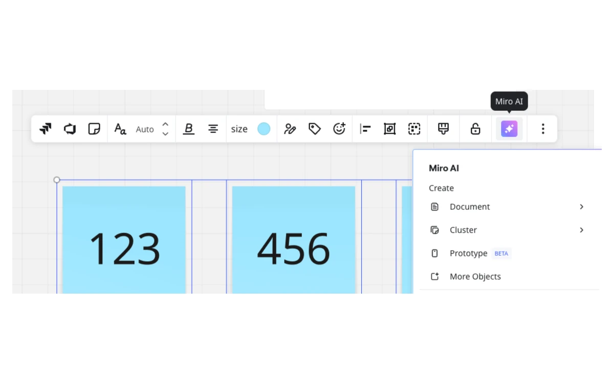 Miro board with sticky notes selected and the Create with AI option turning them into structured output