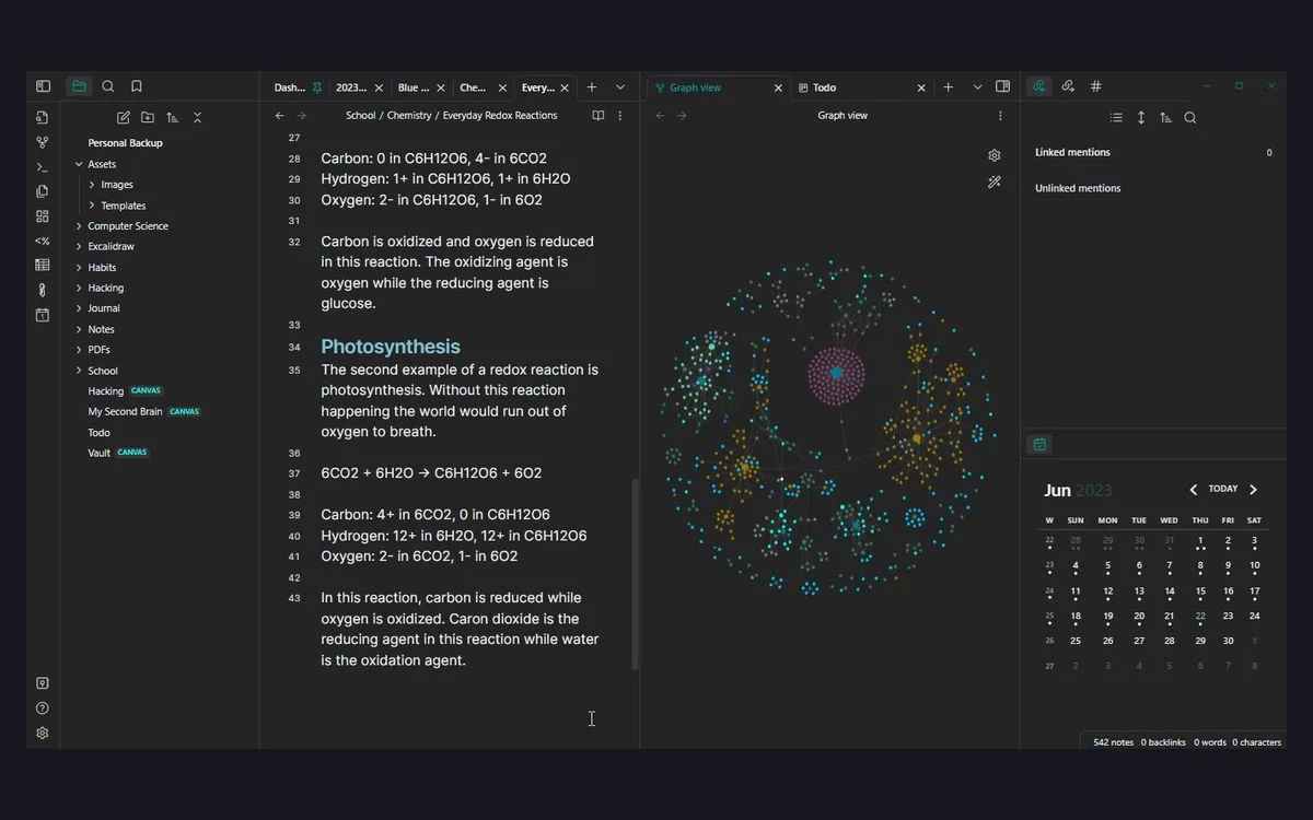 Obsidian desktop app with a Markdown note open beside its live preview and linked notes