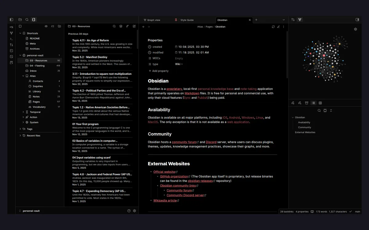 Obsidian desktop app with the Markdown editor pane open next to linked notes
