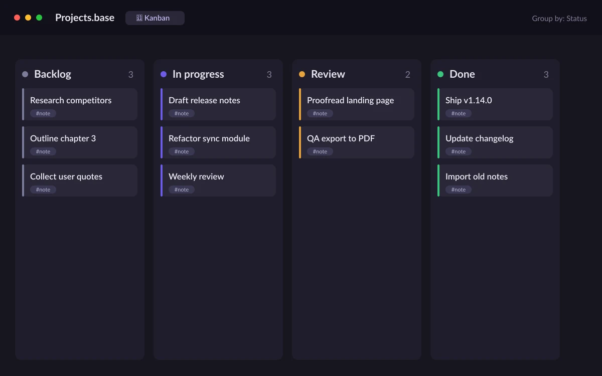 Obsidian Bases kanban layout introduced in the v1.14.0 update