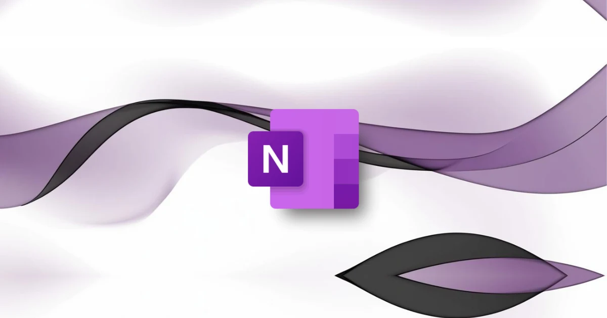 Microsoft OneNote logo over flowing purple and grey waves