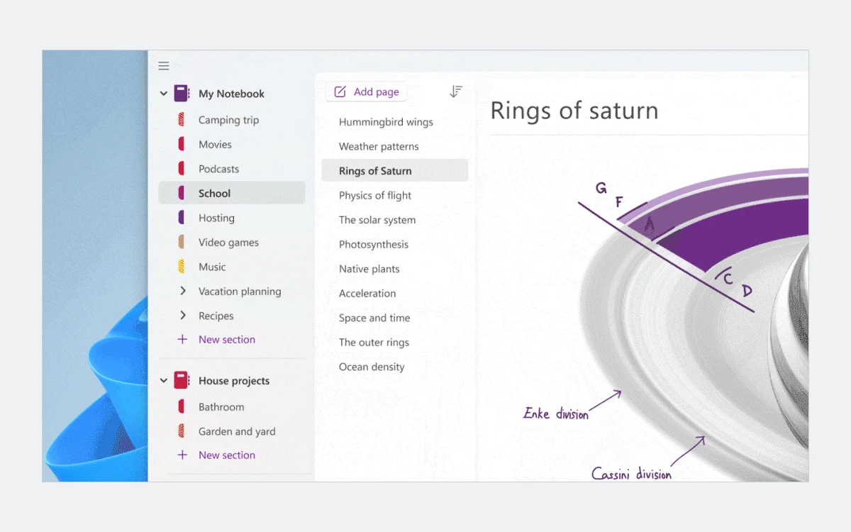 OneNote on Windows switching to the Vertical Tabs layout, with notebooks and pages listed in a pane on the left