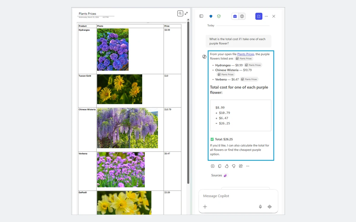OneNote page titled Plants Prices with a table of plant photos, and the Copilot pane beside it adding up the prices