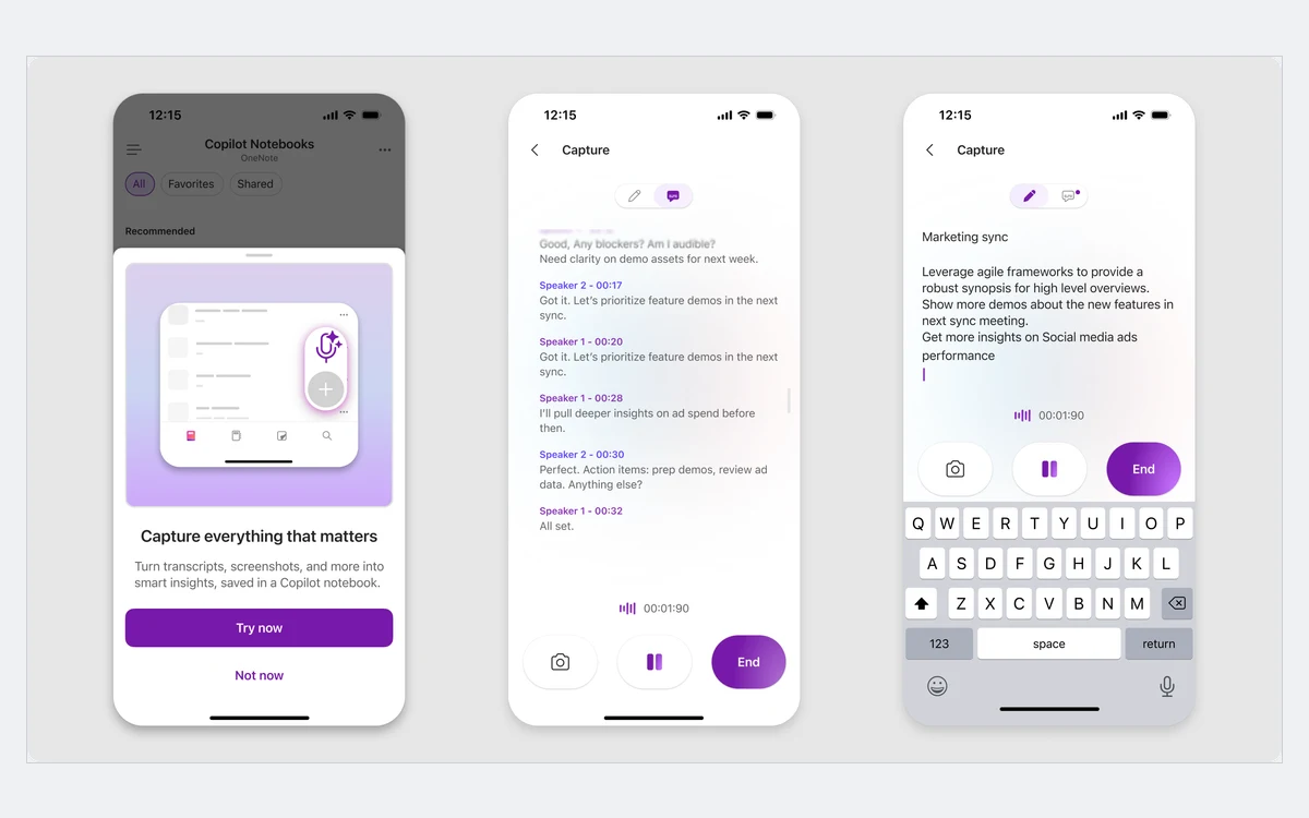 Three iPhone screens of OneNote multimodal capture: an onboarding message, a live transcript and manual notes