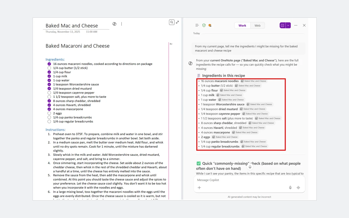 OneNote recipe page with checkbox to-do tags, and the Copilot pane listing the ingredients with links back to the source notes