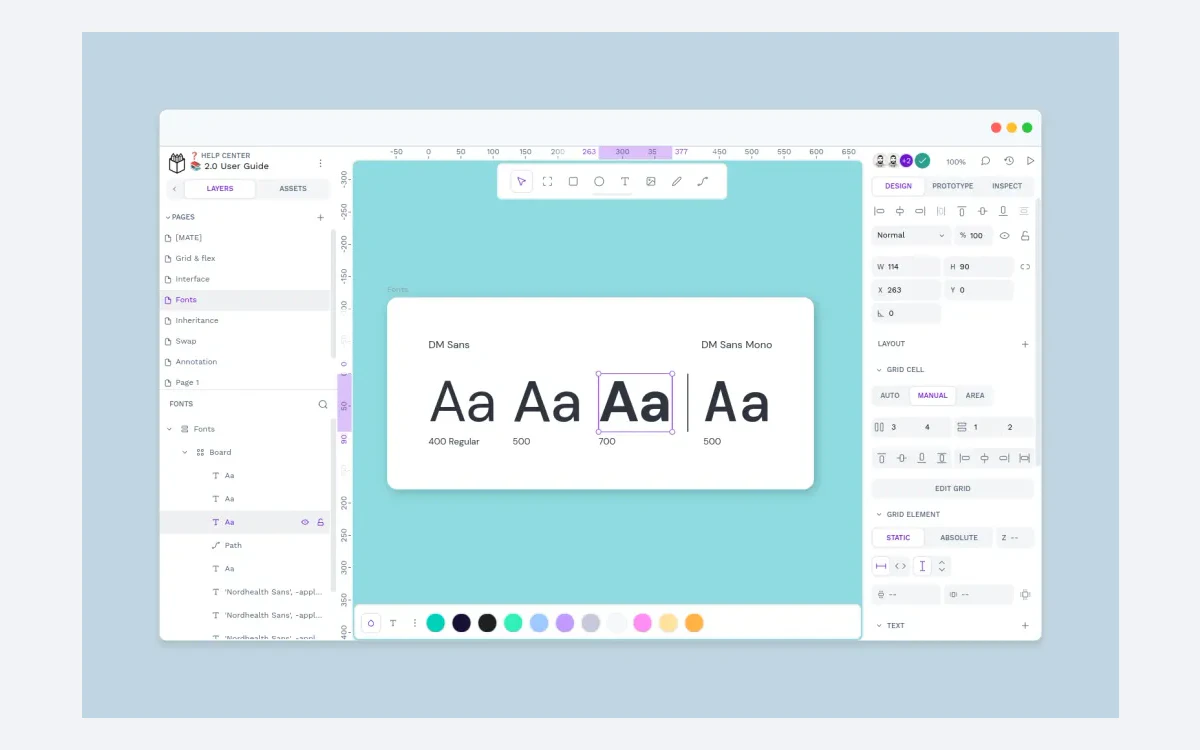Penpot workspace in light theme with layers panel on the left, a design board on the canvas and the Design properties panel on the right