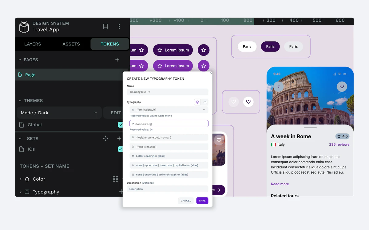 Penpot Tokens panel with a Create new typography token dialog open over a travel app design