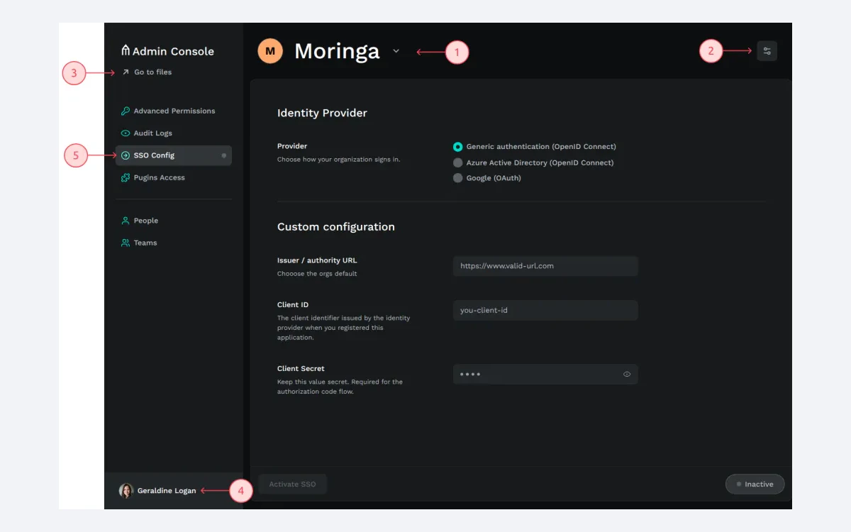 Penpot Enterprise Admin Console showing SSO identity provider settings, with Advanced Permissions, Audit Logs, People and Teams in the sidebar