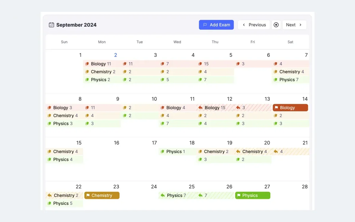 RemNote Exam Scheduler set to a target date