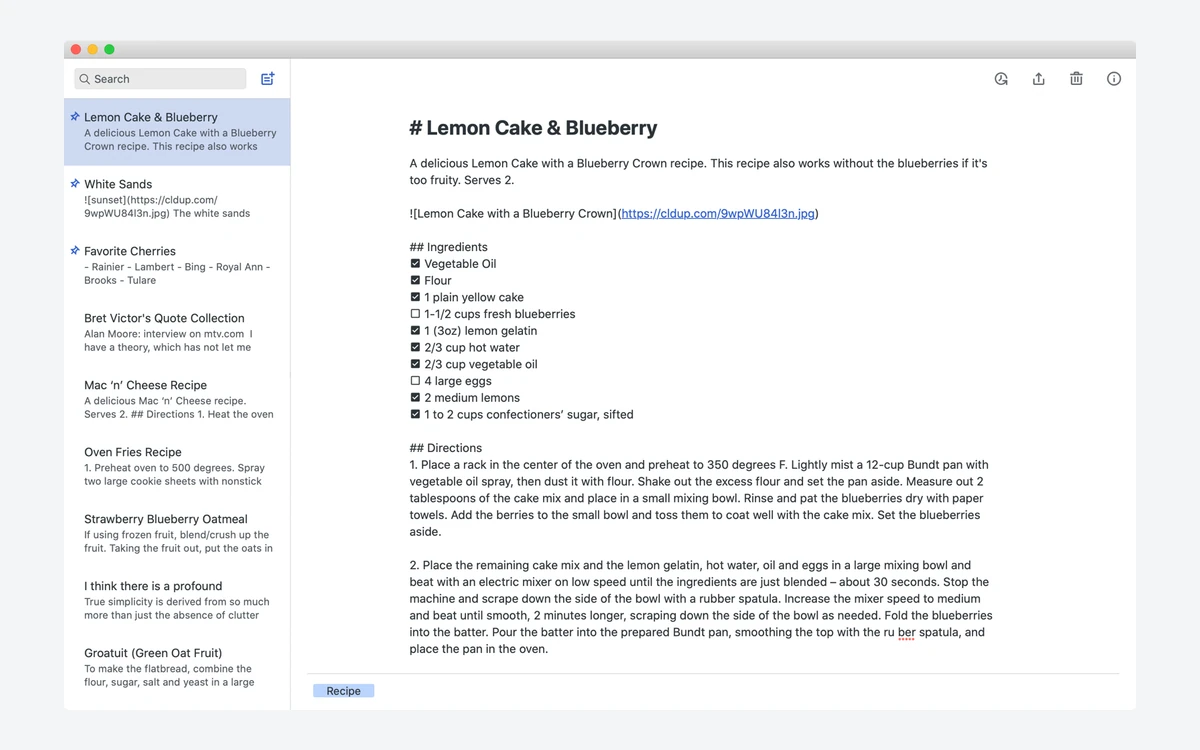 Simplenote Mac app with pinned notes in the sidebar and a Markdown recipe note with an ingredient checklist