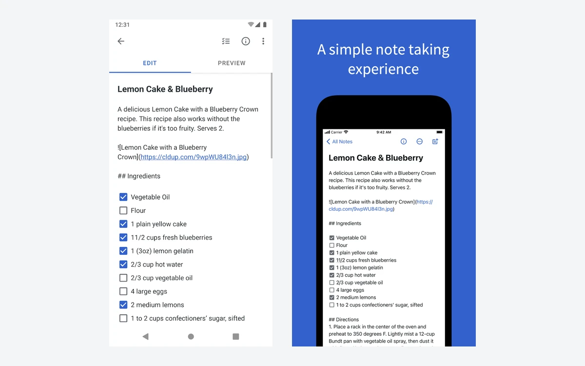 Simplenote Android editor with Edit and Preview tabs beside an iPhone showing the same checklist note