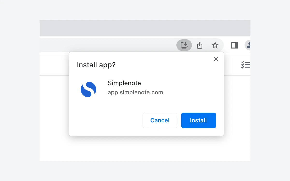 Chrome Install app dialog offering to install Simplenote from app.simplenote.com