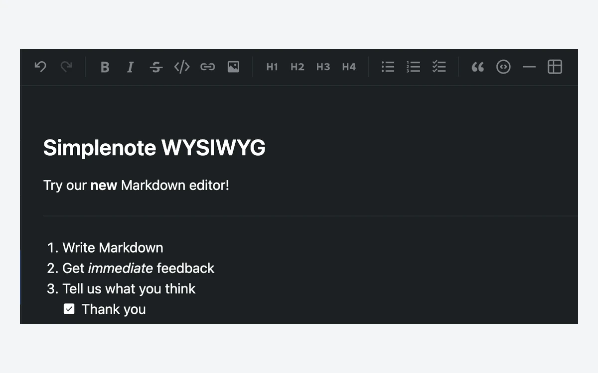 Dark-themed Simplenote WYSIWYG editor prototype with a formatting toolbar and a note titled Simplenote WYSIWYG