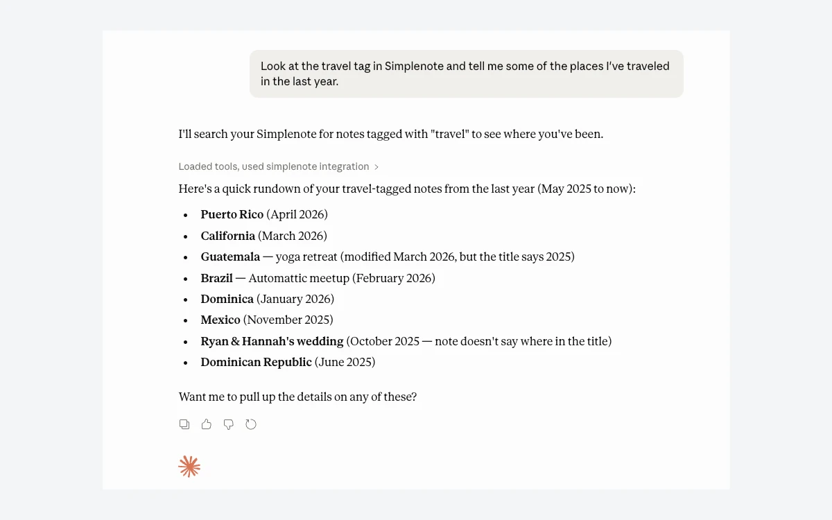 AI assistant chat listing places from notes tagged travel after searching Simplenote through the MCP server