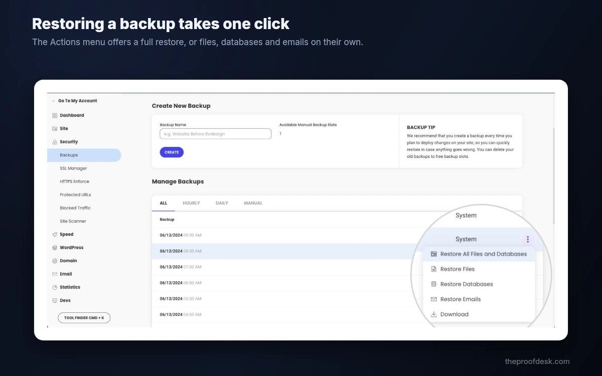 SiteGround Manage Backups list with the Actions menu open showing restore options for files, databases and emails