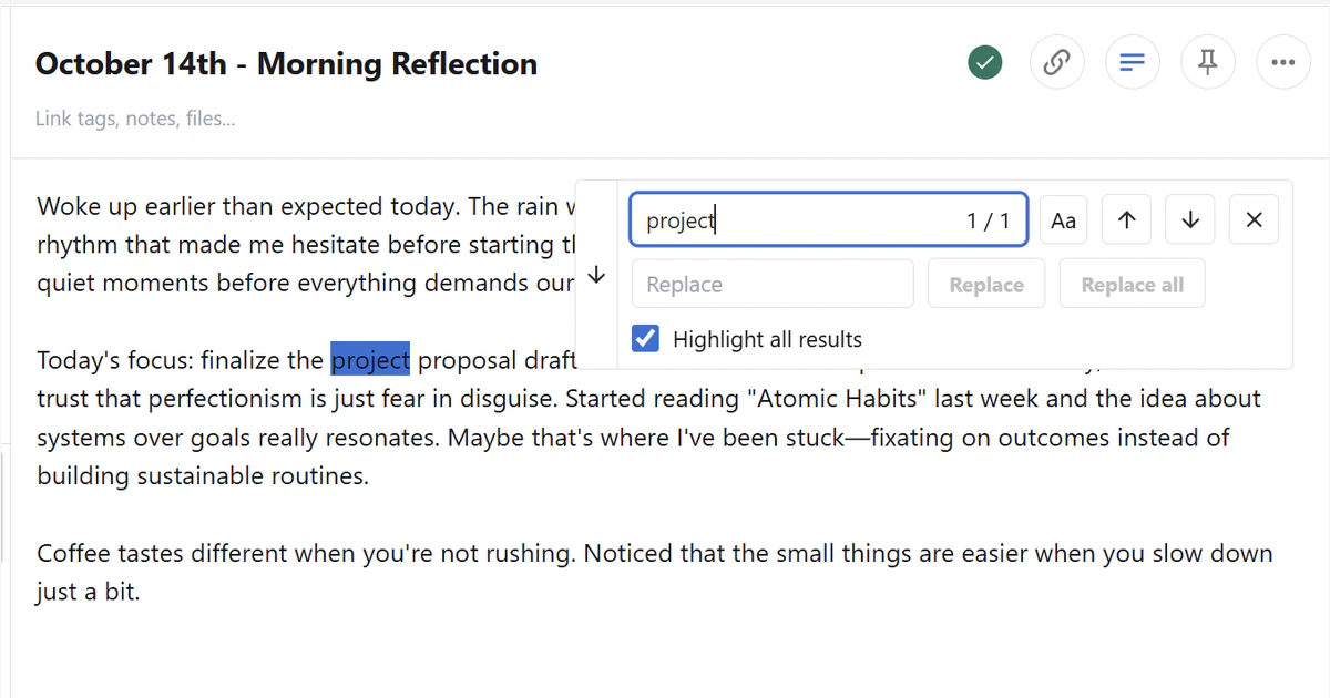 Standard Notes desktop app showing a plain text note with the search bar open