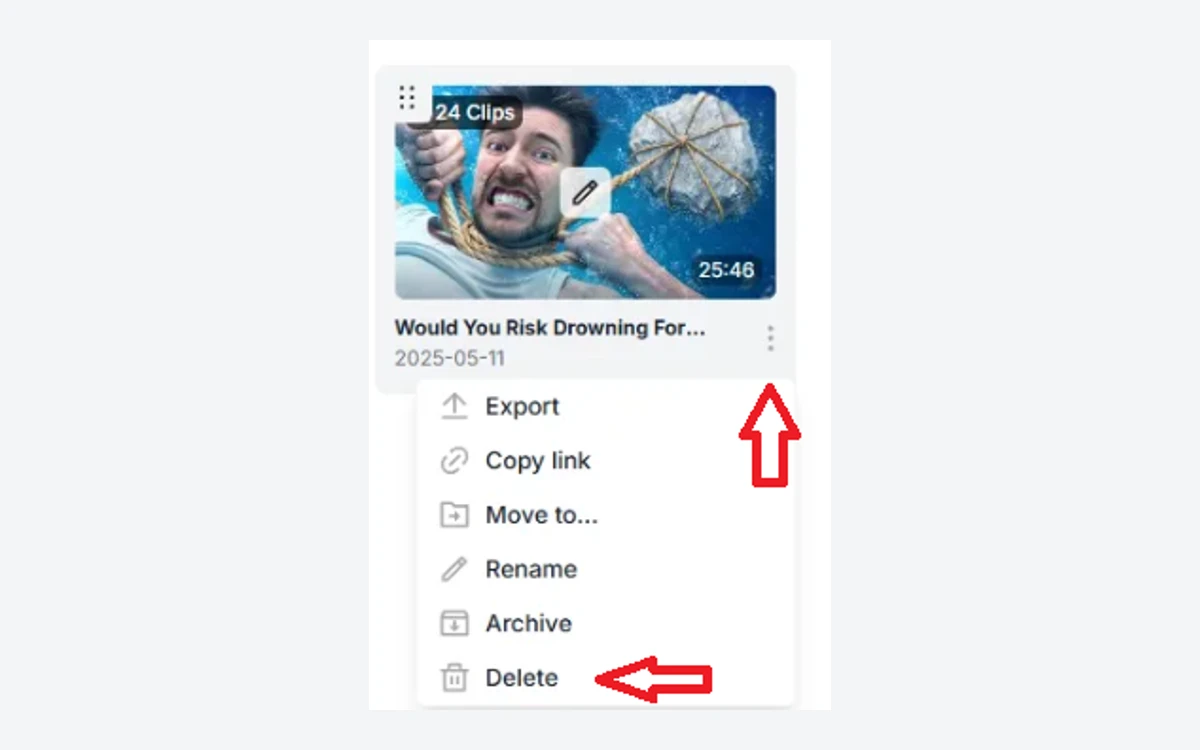 Submagic dashboard with a Magic Clips project card showing 24 clips from a 25 minute video and its action menu