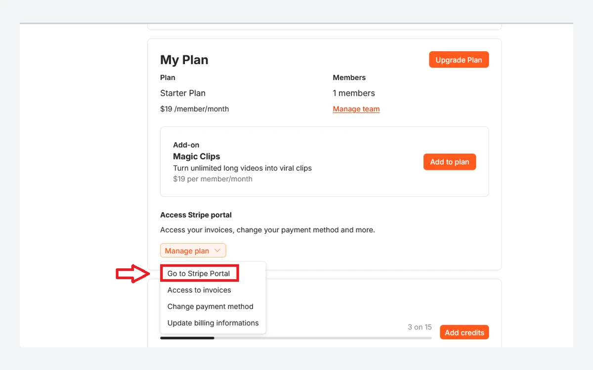 Submagic My Plan billing page showing the Starter plan at $19 per member per month, the Magic Clips add-on at $19 and the Go to Stripe Portal option