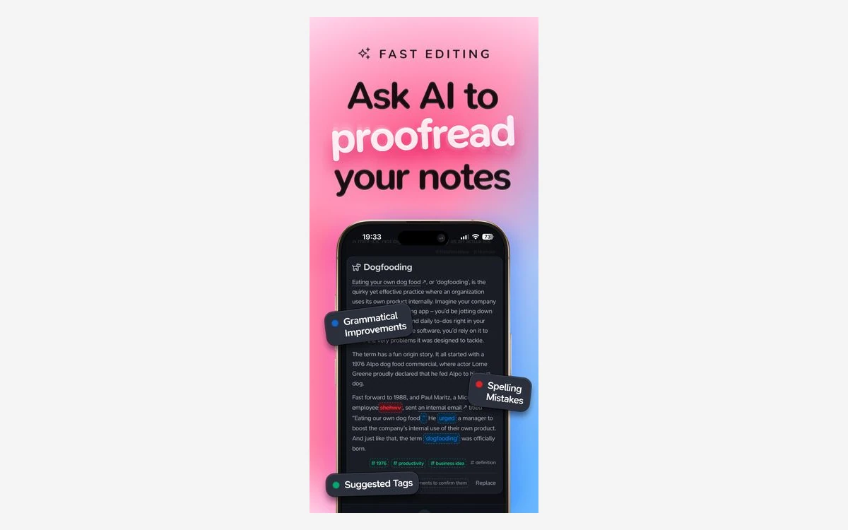 Supernotes iPhone app editing a card, with AI proofreading suggestions highlighted