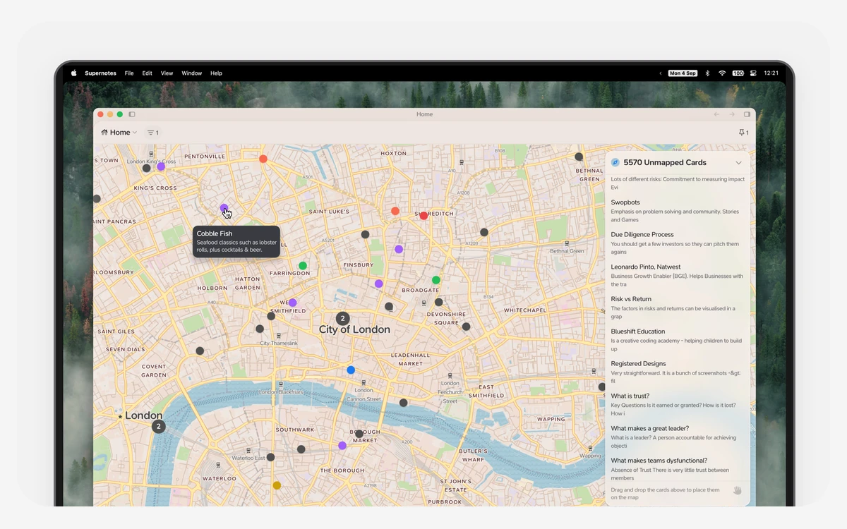 Supernotes Map layout with note cards pinned to locations on a map of London