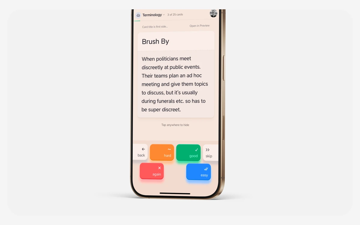 Supernotes Flashcard layout on iPhone showing a card with again, hard, good and easy review buttons