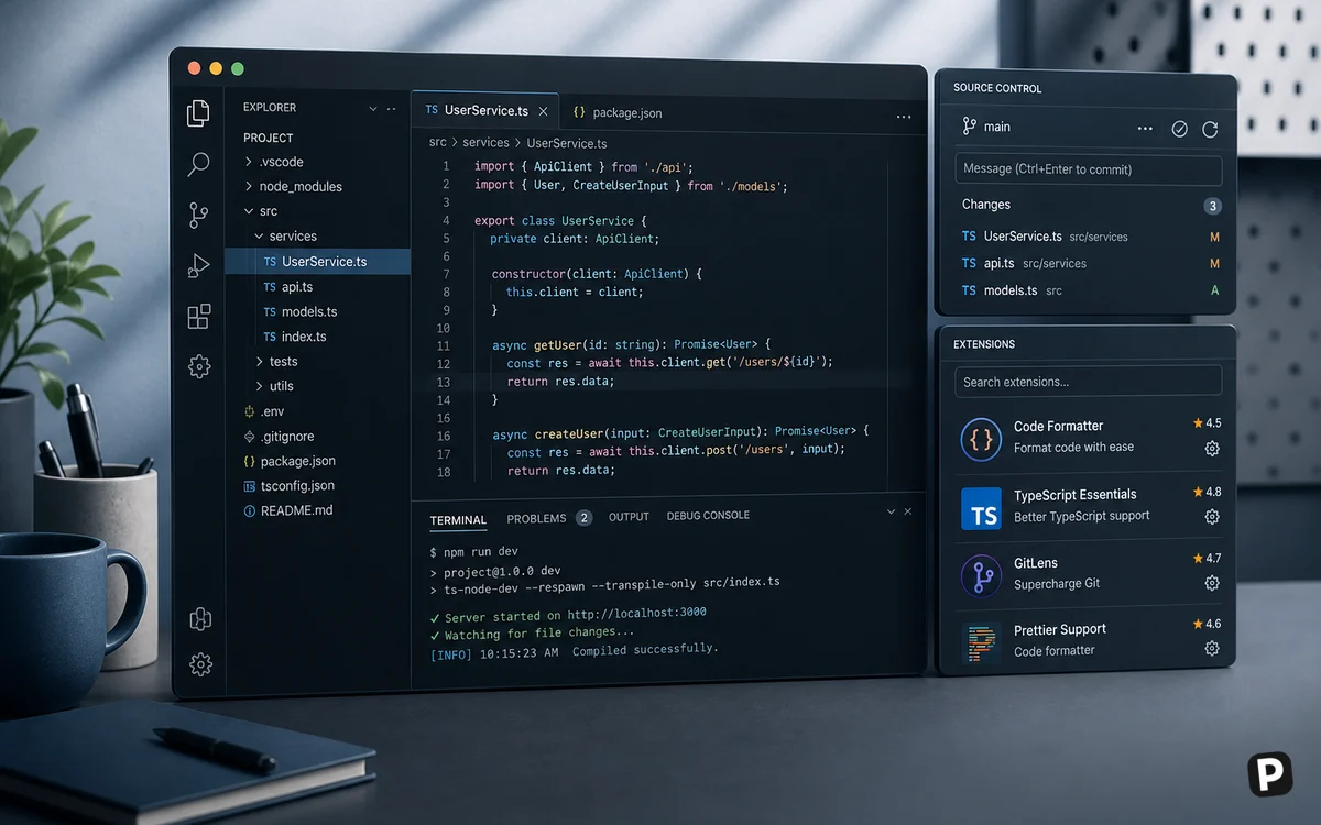 Code editor workspace with extensions source control and integrated terminal
