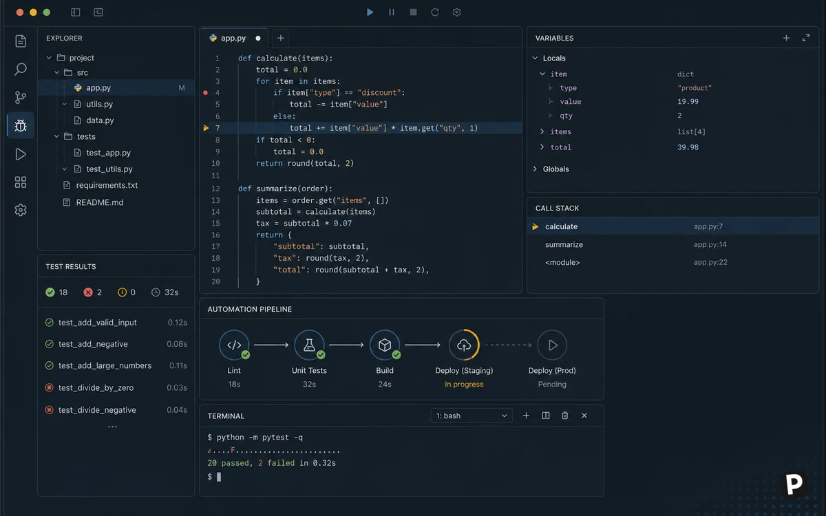 Debugging tests and task automation in an integrated developer workspace