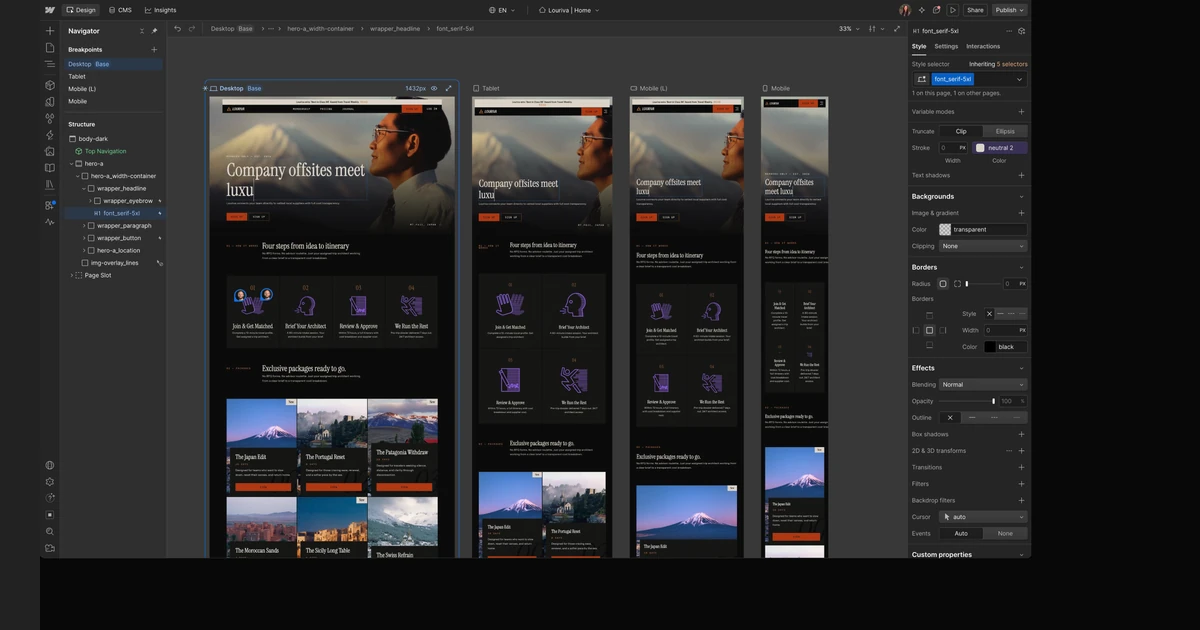 Webflow Designer showing desktop, tablet and mobile breakpoint canvases side by side with the Navigator and Style panels