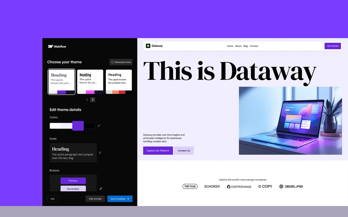 Webflow AI Site Builder Choose your theme panel next to a generated site preview called Dataway