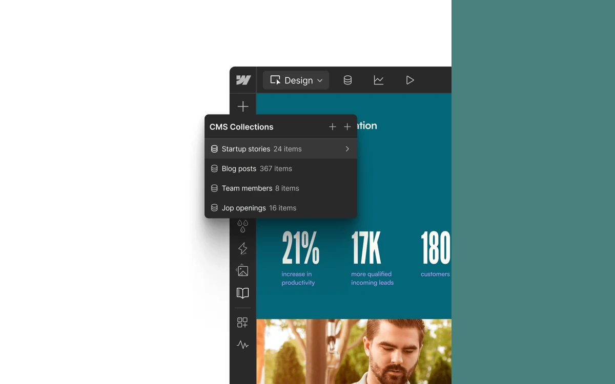 Webflow Designer with the CMS Collections panel open, listing Startup stories, Blog posts, Team members and job openings collections with their item counts