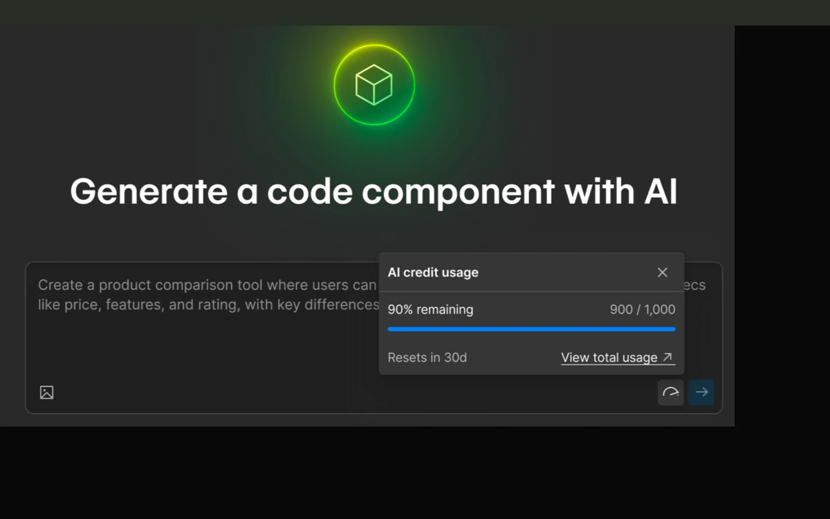 Webflow Generate a code component with AI prompt with an AI credit usage popover showing 900 of 1,000 credits remaining and a reset in 30 days