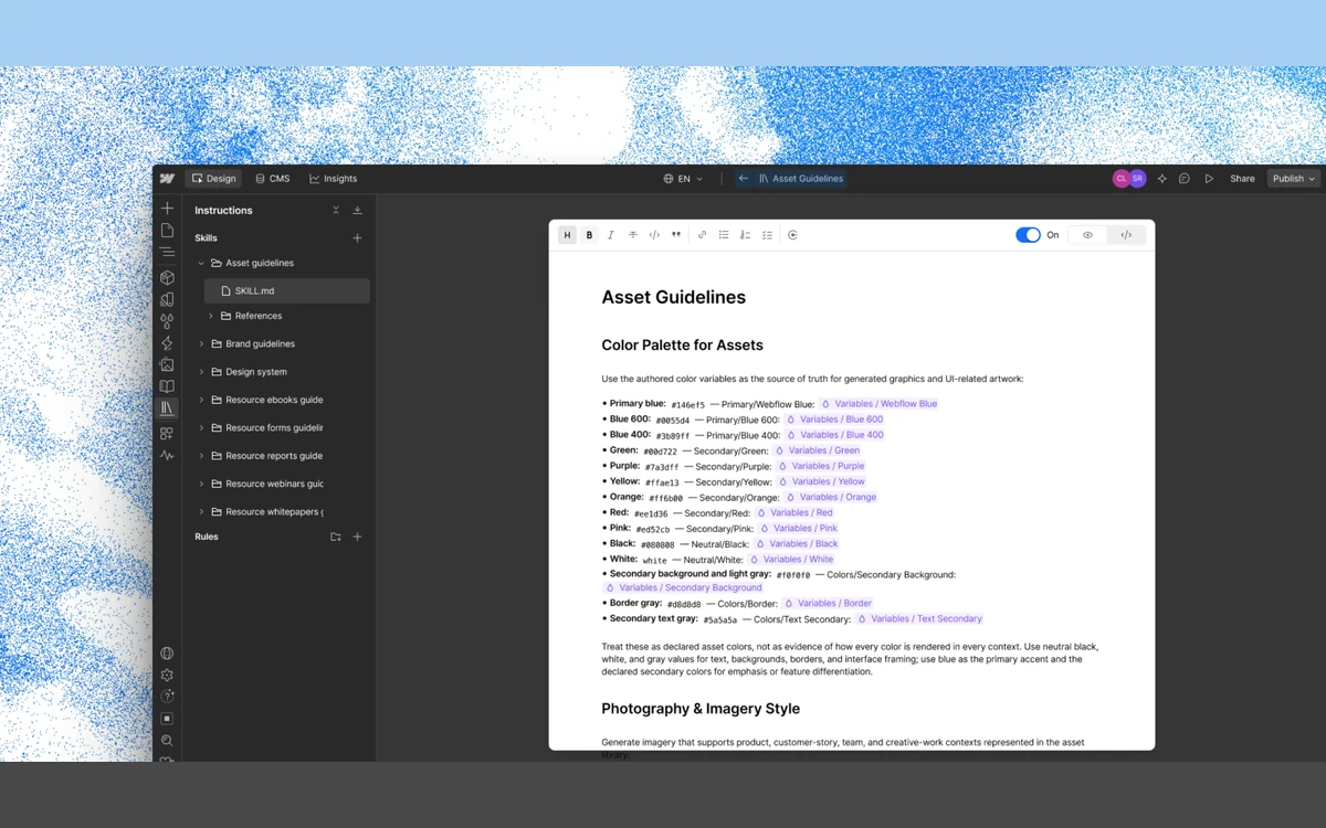 Webflow interface with an Instructions panel listing agent skills such as brand guidelines and design system, beside an Asset Guidelines document of color variables