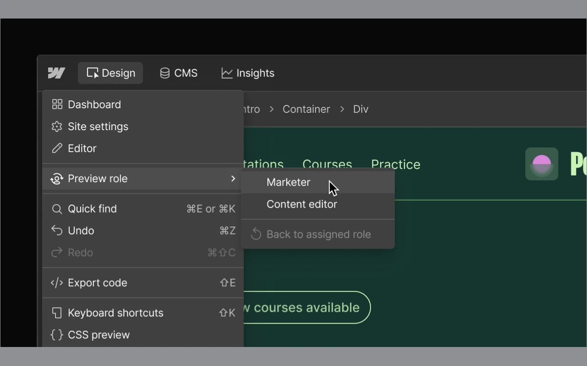 Webflow Designer main menu showing Preview role options for Marketer and Content editor, the Editor entry and Export code with the Shift+E shortcut