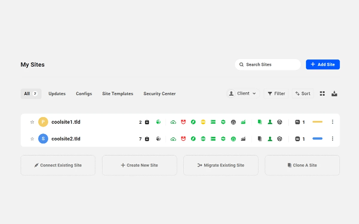 The Hub My Sites list showing two WordPress sites and the Connect, Create, Migrate and Clone buttons