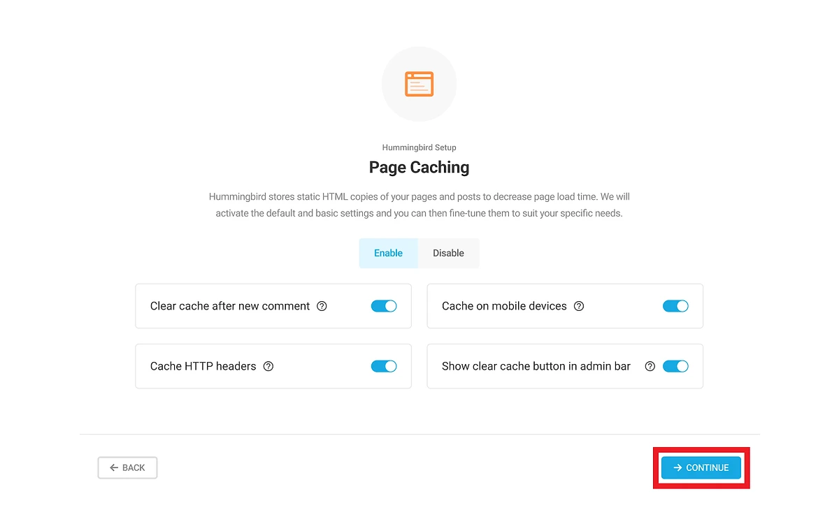 Hummingbird setup wizard step for enabling page caching