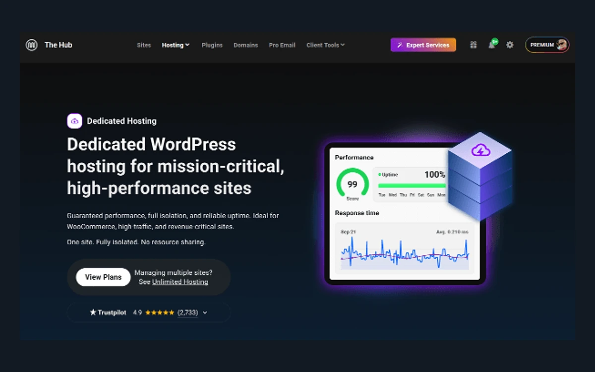 WPMU DEV Hub Dedicated Hosting page inside the dashboard