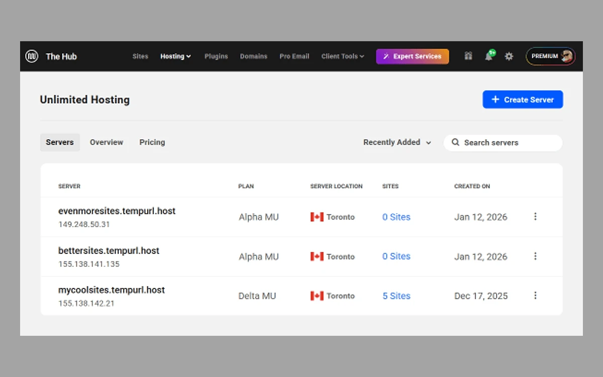 Hub list of Unlimited Hosting servers including Alpha MU and Delta MU servers in Toronto