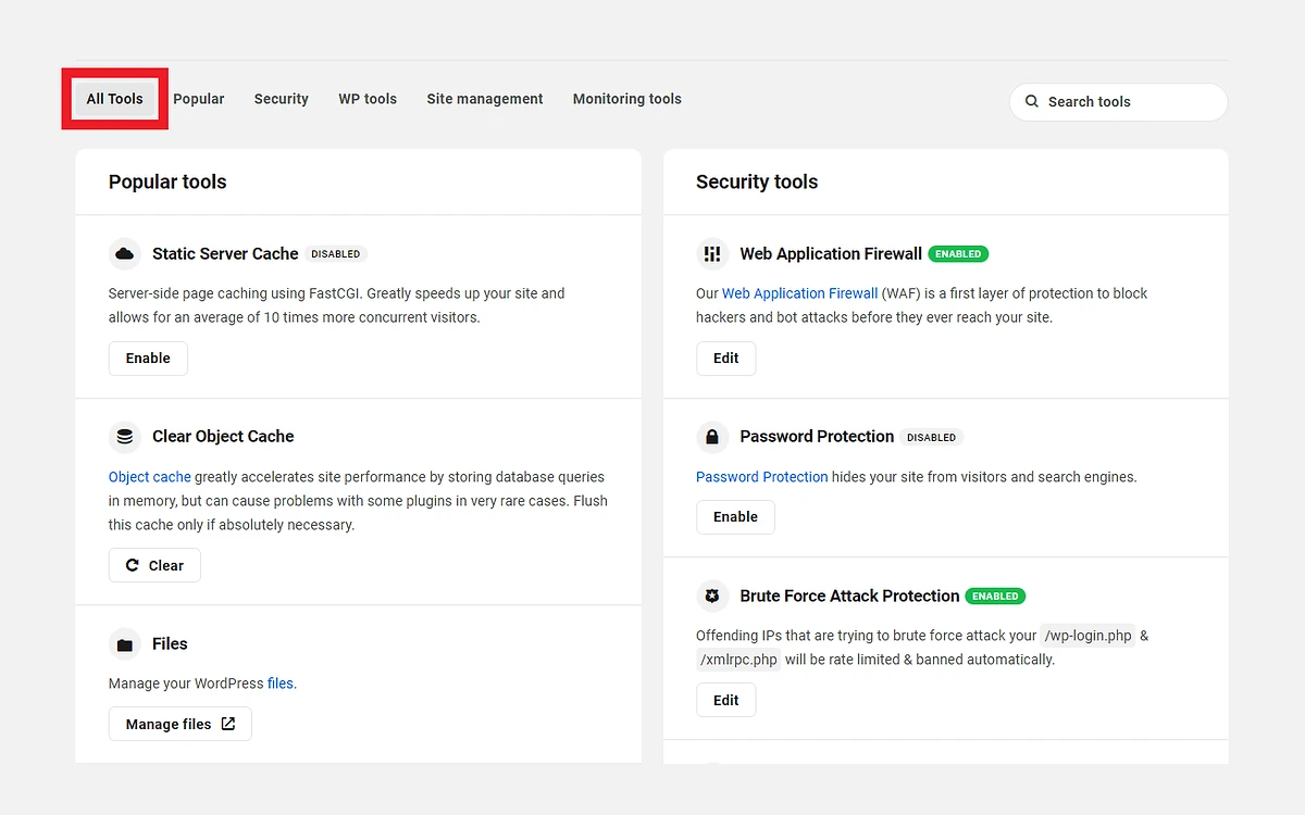 Hub hosting Tools tab listing the server tools available for a hosted site