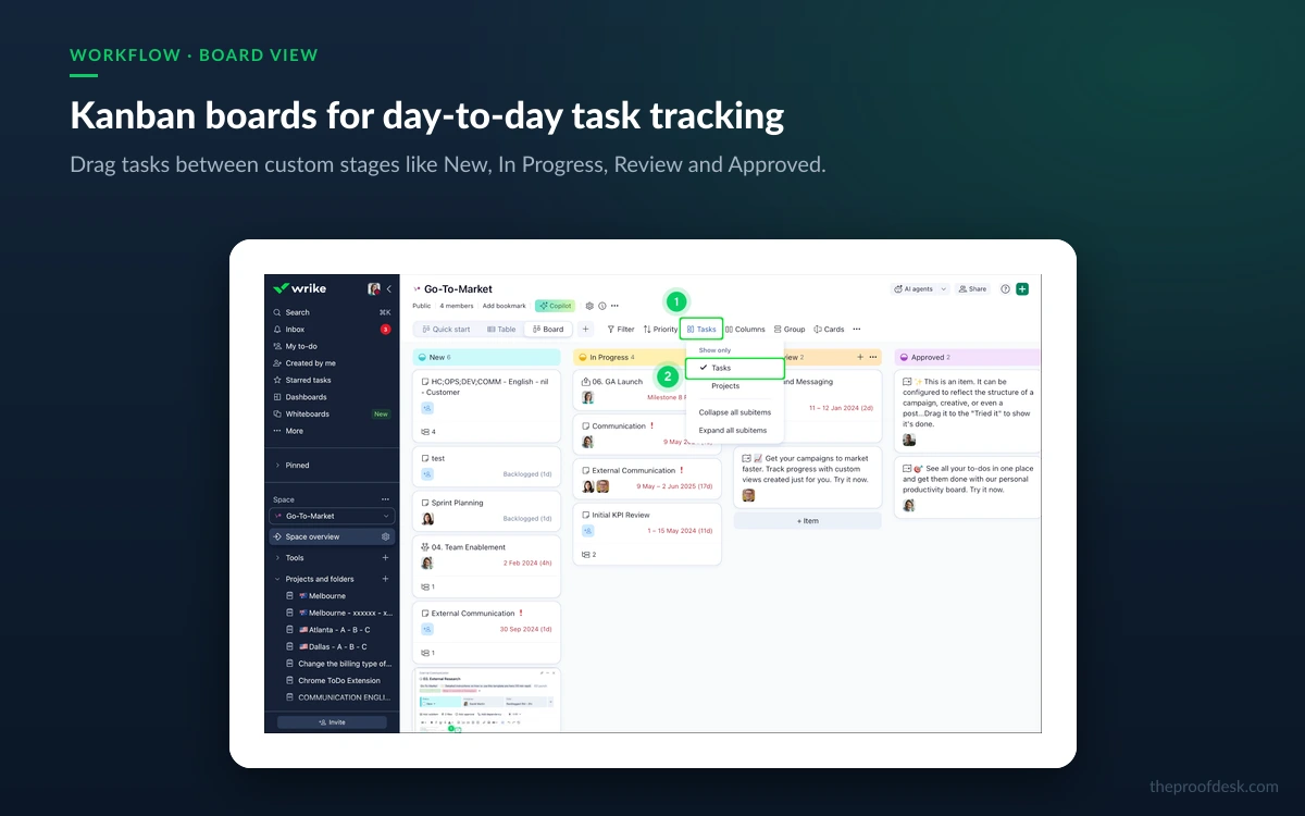 Wrike board view with tasks arranged in status columns