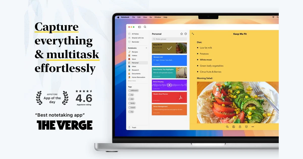 Zoho Notebook Mac app showing a notebook sidebar, colourful notecards and an open diet note with a salad photo
