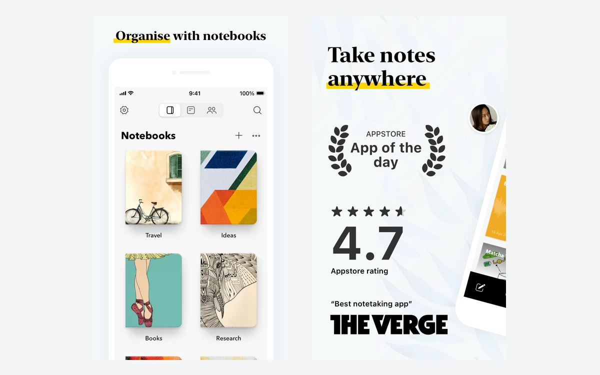 Zoho Notebook iPhone app showing the Notebooks screen with illustrated covers named Travel, Ideas, Books and Research