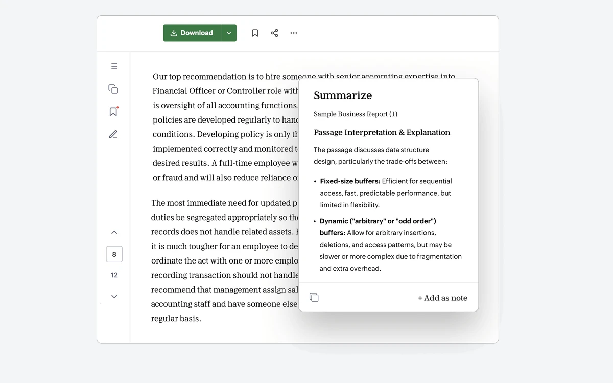 Zoho Notebook reader view with a Summarize panel showing an AI summary of a business report and an Add as note button