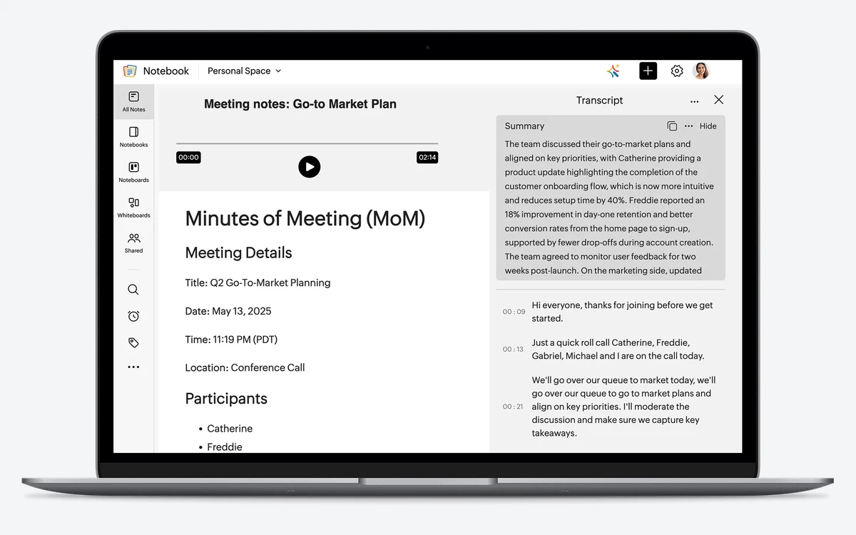 Zoho Notebook web app showing a Go-to Market Plan meeting note with an audio player, minutes of meeting and an AI transcript summary