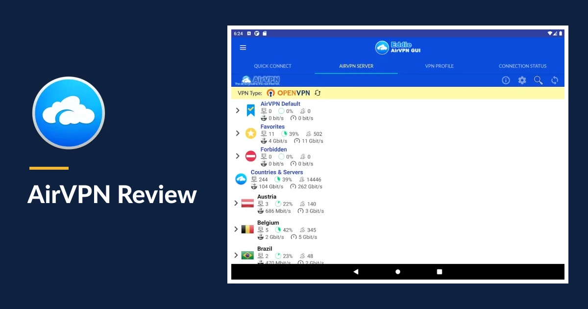 AirVPN Review cover with the Eddie icon next to the Eddie for Android server list