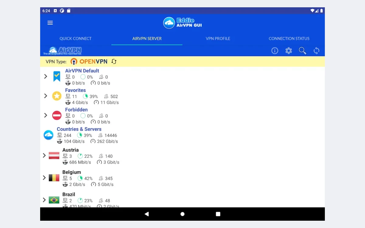 Eddie for Android on a tablet showing the AirVPN server list with countries, load and bandwidth per server