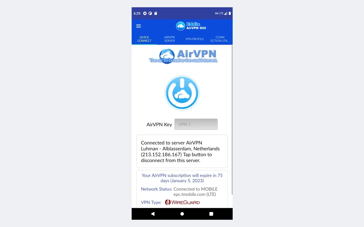 Eddie for Android on a phone connected to the AirVPN server Luhman in Alblasserdam, Netherlands, over WireGuard