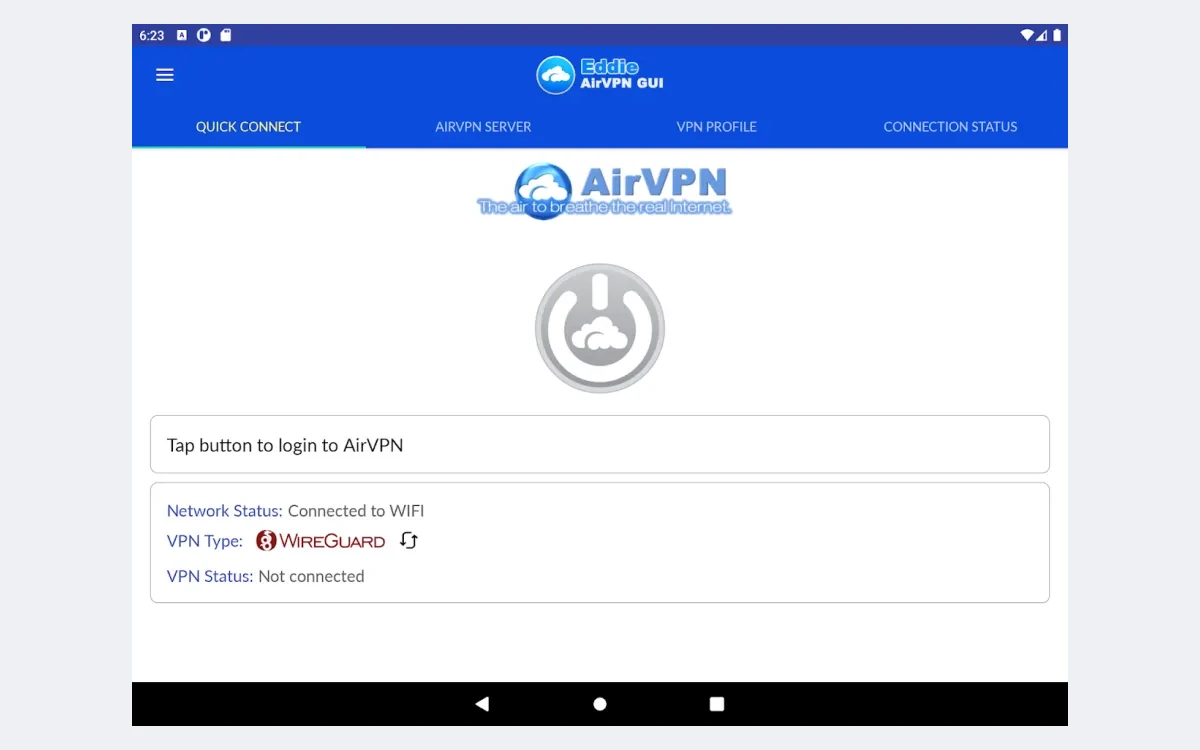 Eddie for Android on a tablet showing the Quick Connect screen before login