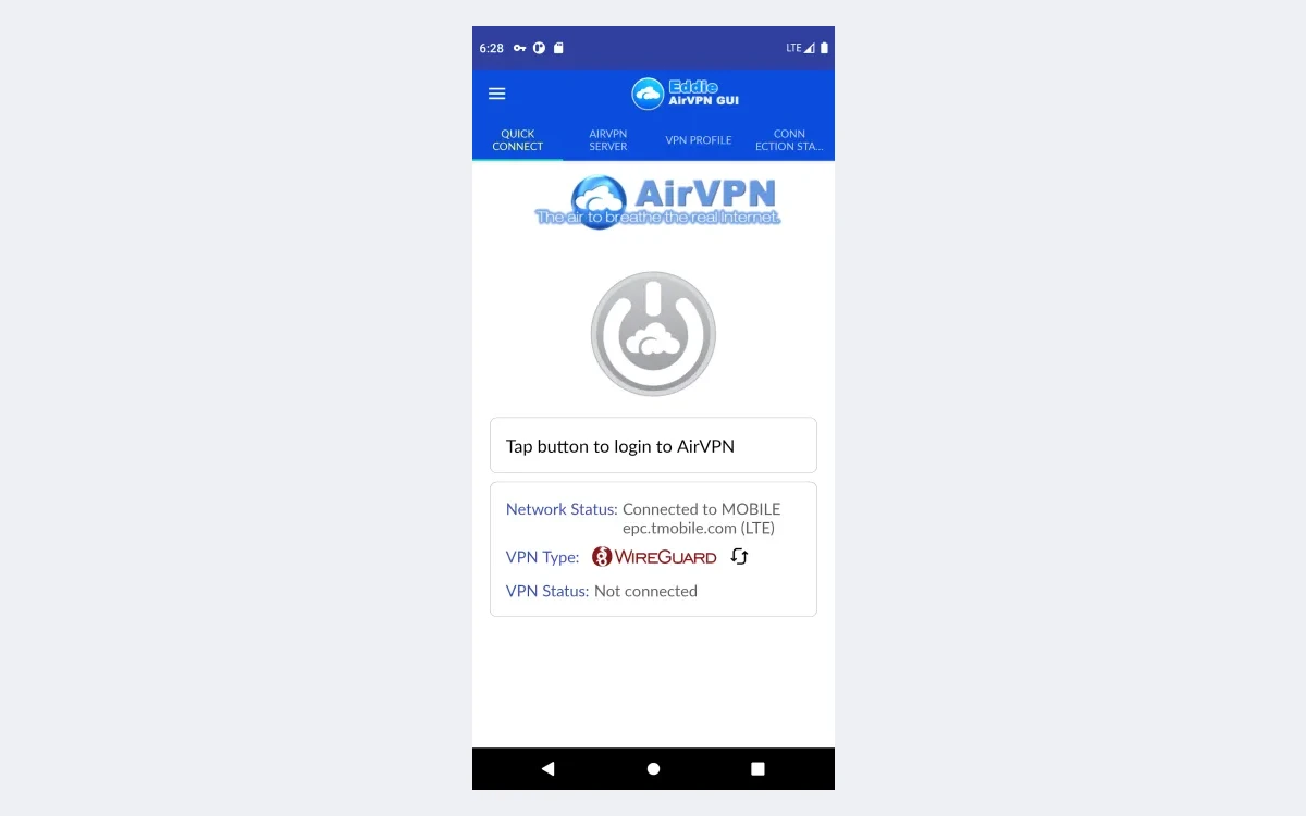 Eddie for Android on a phone showing the Quick Connect tab with WireGuard selected as the VPN type