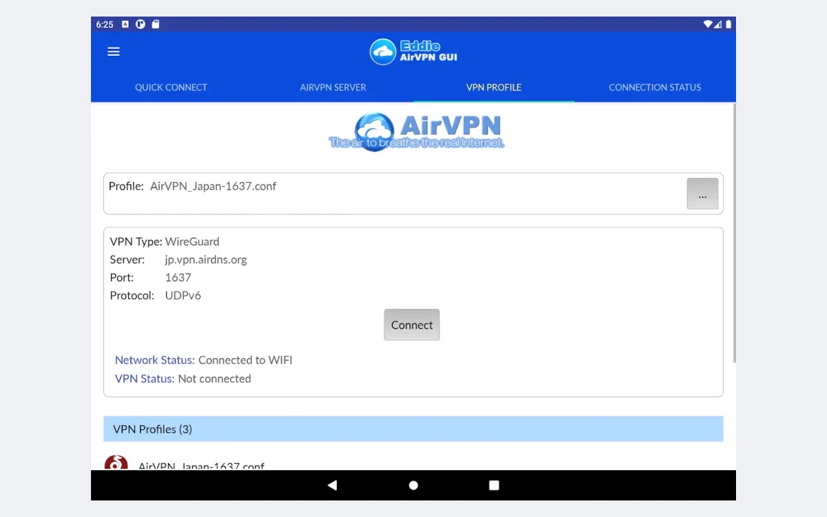 Eddie for Android VPN Profile tab showing a WireGuard profile for jp.vpn.airdns.org on port 1637 over UDPv6